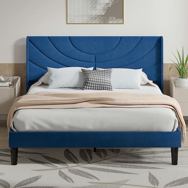 VECELO Upholstered Bed Blue Metal Frame Queen Platform Bed with Fabric Headboard, Wooden Slats Support