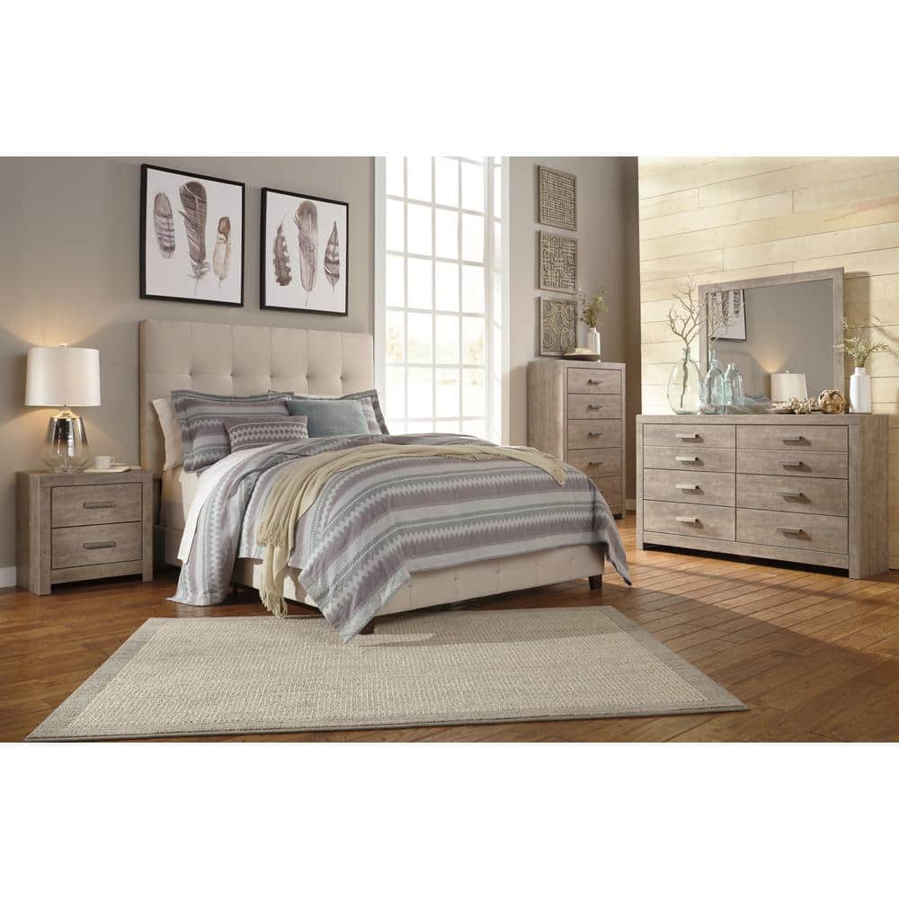 Beige Queen Upholstered Tufted Faux Leather Bed Frame
