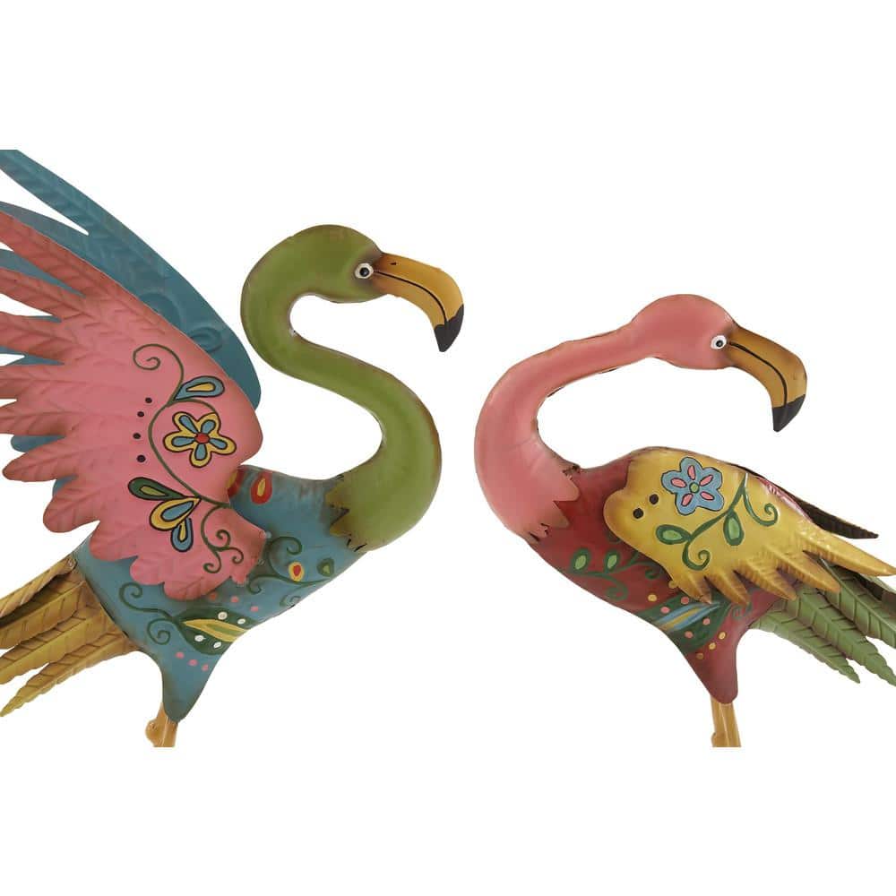 28" Multicolor Hand-Painted Metal Flamingo Garden Sculptures, Set of 2