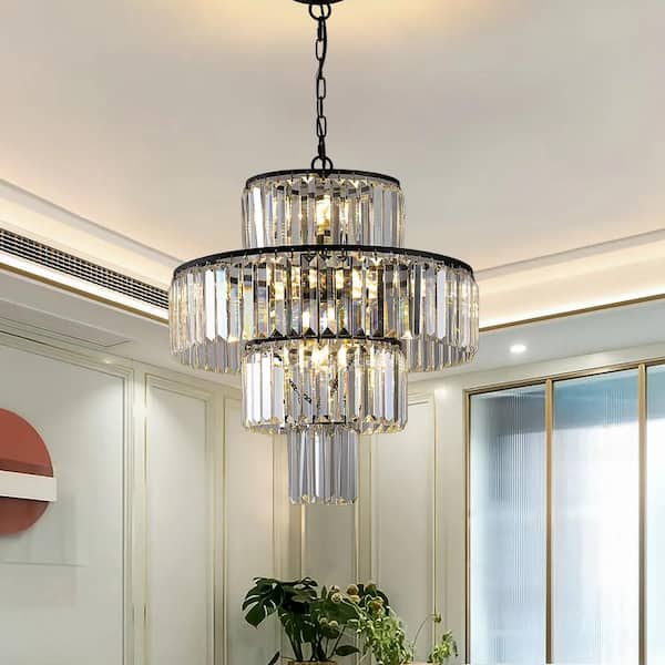 Magic Home Luxury 12-Light Crystal Dimmable Tiered Chandelier Hanging Pendant Light Fixture for Dining Living Room Bedroom, Black