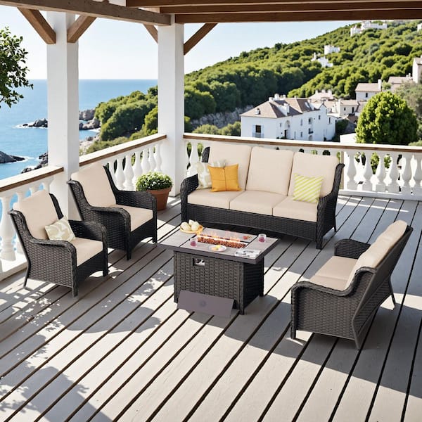 OVIOS Joyoung Brown 5-Piece Wicker Patio Rectangle Fire Pit Conversation Seating Set with Beige Cushions