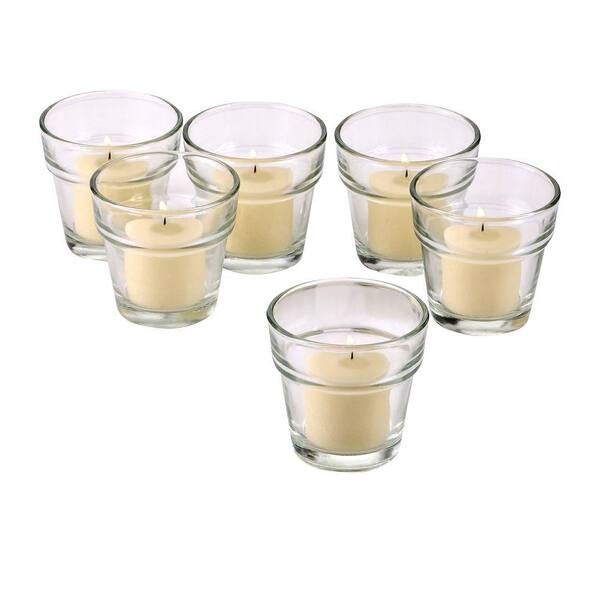 Light In The Dark Clear Glass Flower Pot Votive Candle Holders with Ivory Votive Candles (Set of 72)