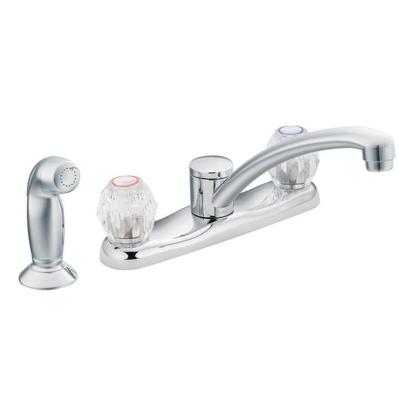 MOEN Chateau 2-Handle Low-Arc Standard Kitchen Faucet with Side Sprayer on Deck and Duralock Installation in Chrome