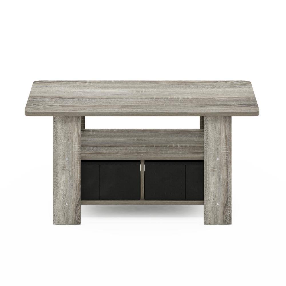 French Oak Gray and Black Wood Coffee Table with Storage Bins