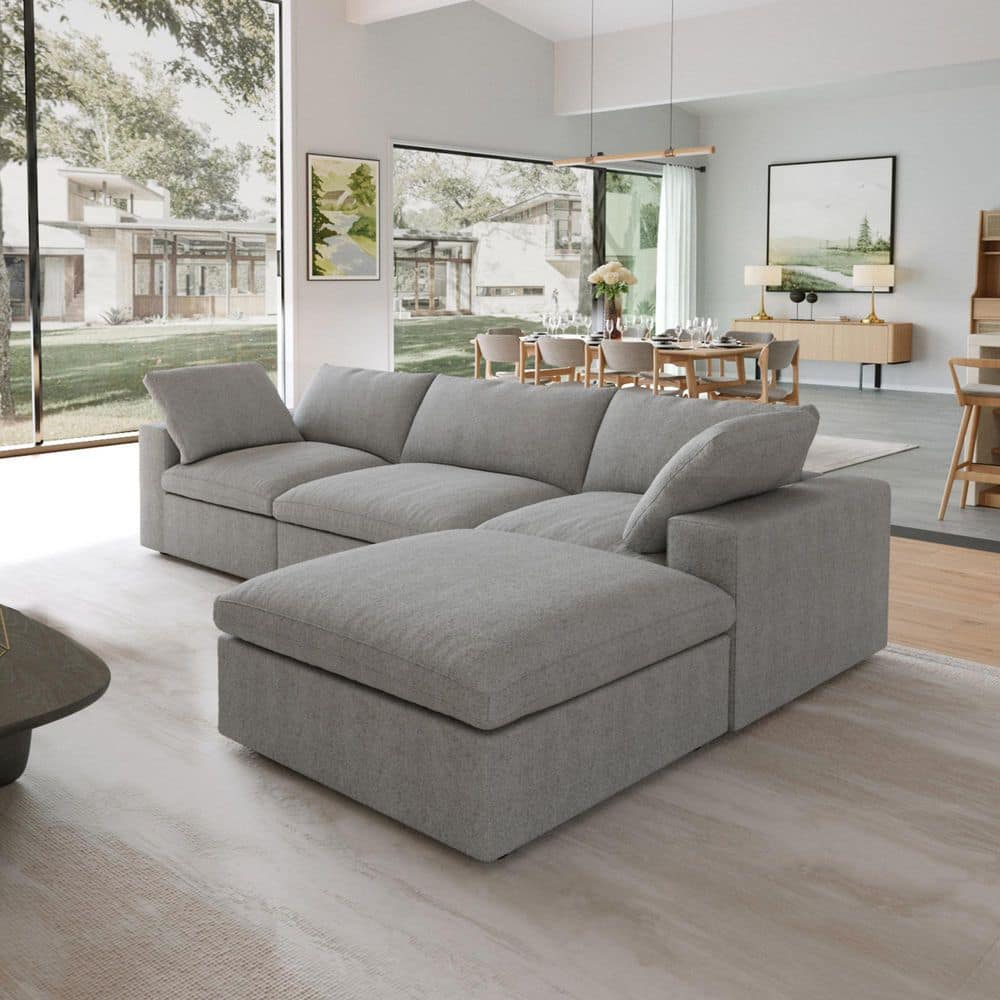 J&E Home 120 in. Square Arm 4-Piece Linen L Shaped Free