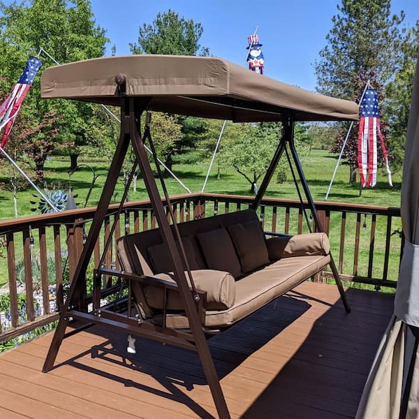 3-Seat Daybed Outdoor Porch Patio Swing Aluminum Adjustable Backrest, Brown