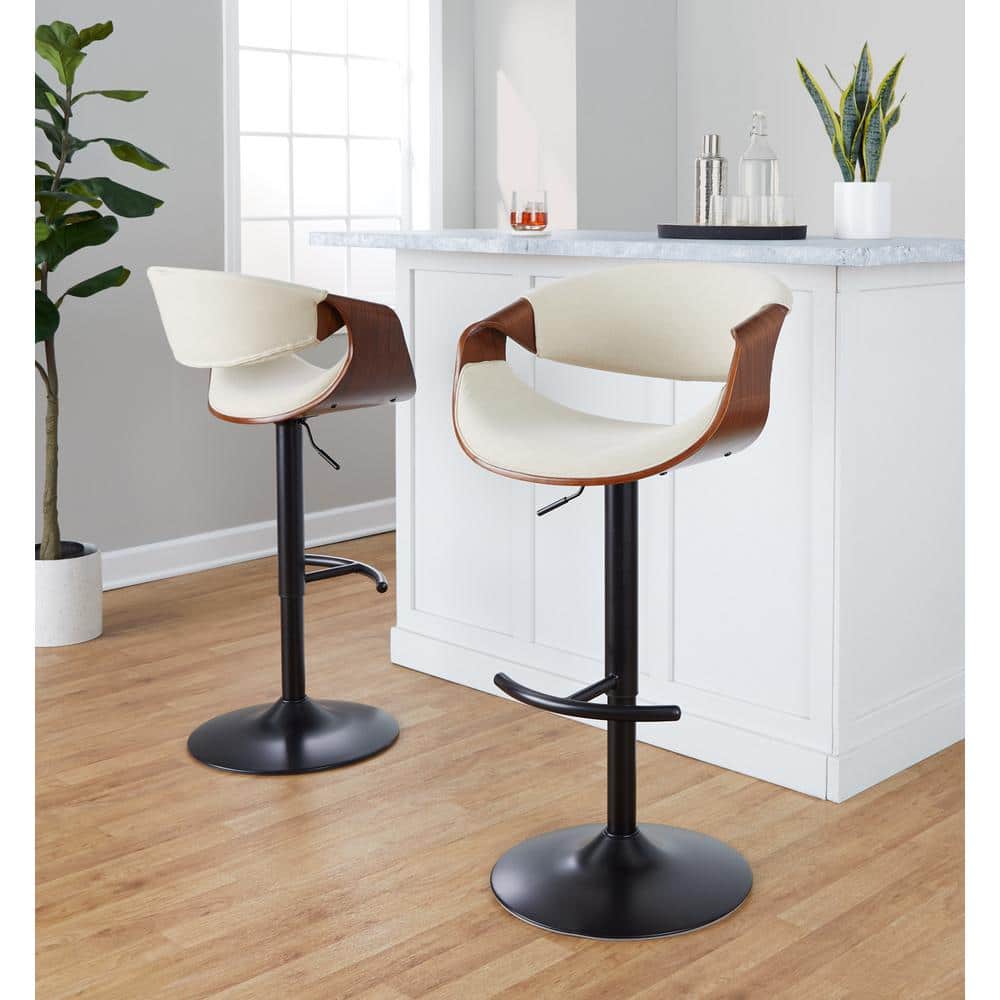 Cream and Black Adjustable Swivel Bar Stools with Wood Accents