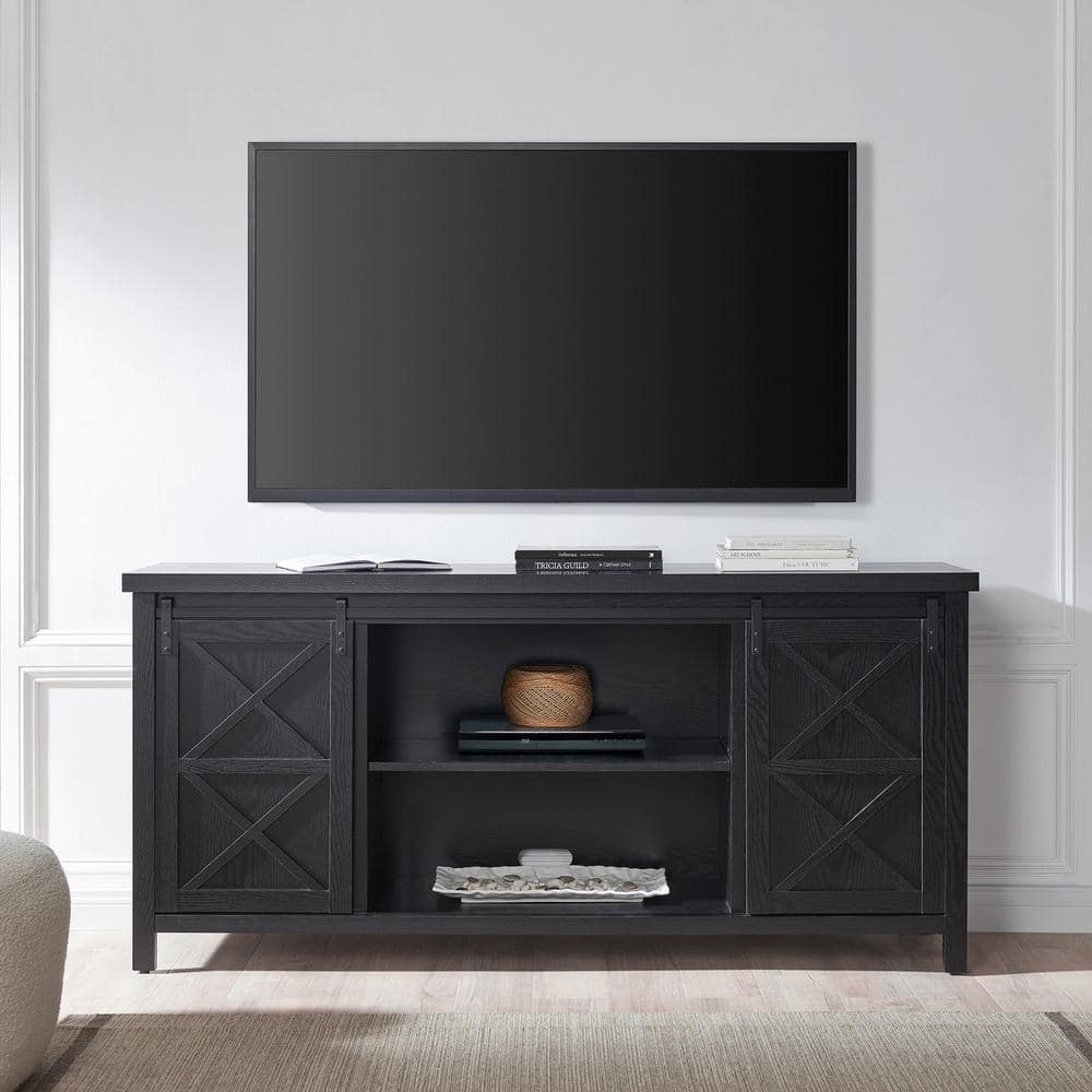 Elmwood Modern Farmhouse TV Stand with Sliding Barn Doors, Black Grain, 68"