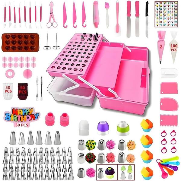 Cake Decorating Kit 387 pcs Piping Bags and Tips Set Pink with 64 Icing Tips 102 Pastry Bags 5 Couplers