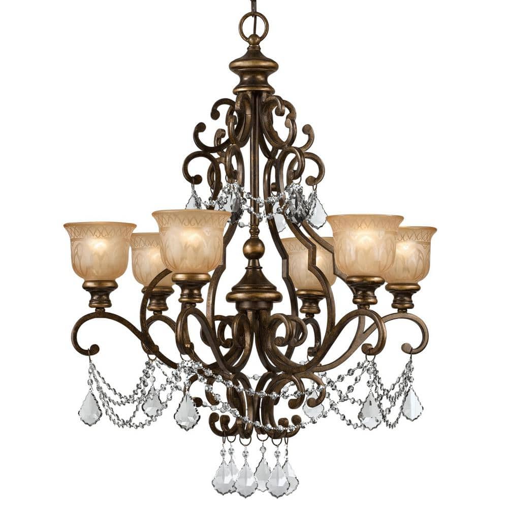 Bronze Umber 6-Light Chandelier with Amber Glass Shades and Italian Crystals