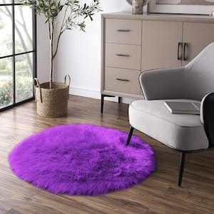 Sheepskin Faux Fur Purple 3 ft. x 3 ft. Cozy Fluffy Rugs Round Area Rug