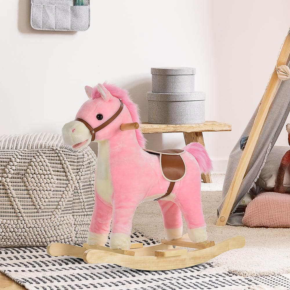 Pink Plush Rocking Horse with Wooden Base and Sounds
