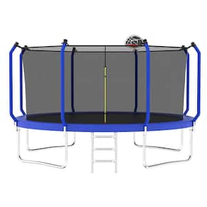 14 ft. Blue Trampoline for Kids with Safety Enclosure Net, Basketball Hoop and Ladder, Outdoor Recreational Trampoline