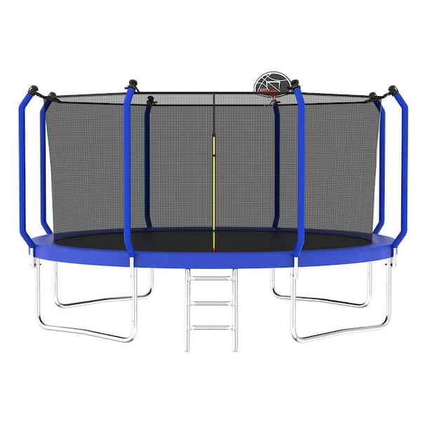 14 ft. Blue Trampoline for Kids with Safety Enclosure Net, Basketball Hoop and Ladder, Outdoor Recreational Trampoline