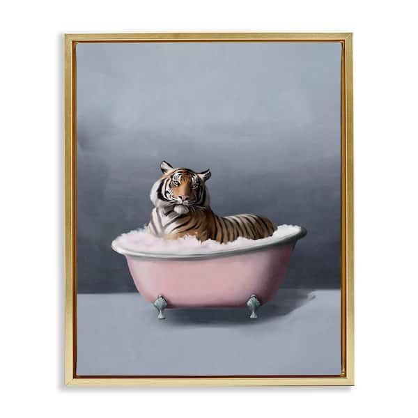 Stupell Industries Tiger in the Bathtub by Svetlana Aleynikova Gold Floater Frame Animal Graphic Art Print 21 in. x 17 in.