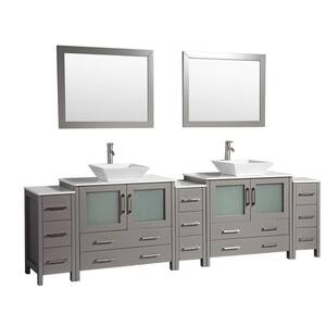 Ravenna 108 in. W x 18.5 in. D x 31.1 in. H Bathroom Vanity in Grey with Double Basin Top in White Quartz and Mirrors