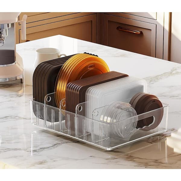 Clear Finish Food Storage Lid Drawer Organizer with 4 Adjustable Dividers Non-Slip Design for Kitchen Cabinet