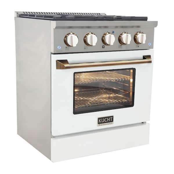 Custom KNG 30 in. 4.2 cu. ft. Natural Gas Range with Convection Oven in White with White Knobs and Gold Handle