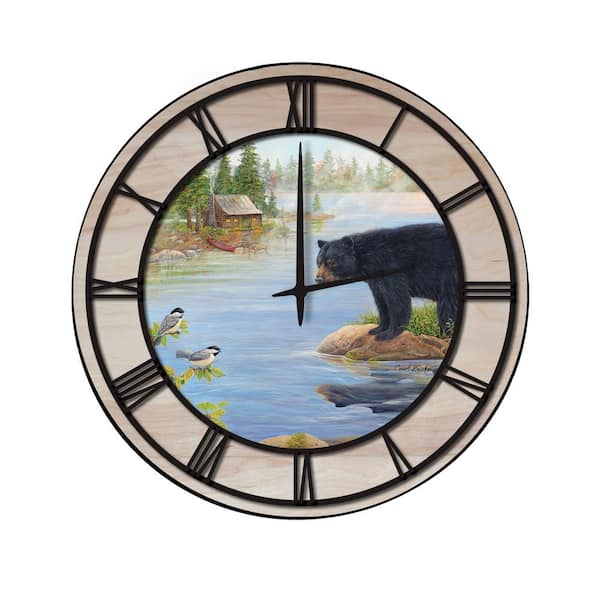 Unbranded "Misty Morning Encounter" Woodgrain Accent and Black Numbers Imaged Wall Clock