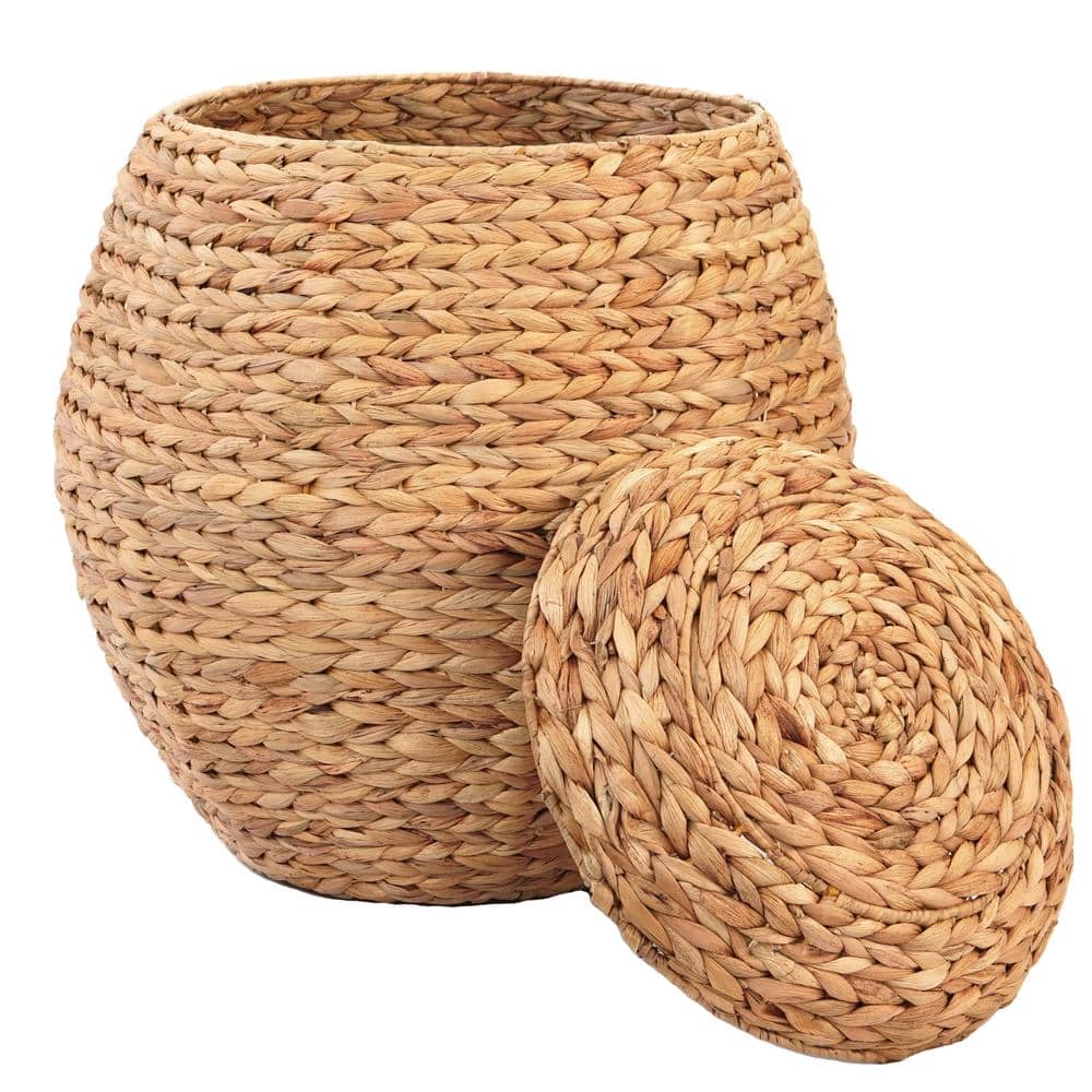 Natural Water Hyacinth 19.5" Round Wicker Storage Ottoman with Lid
