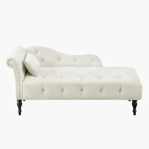 60.6 in. White Velvet Chaise Lounge Buttons Tufted Nailhead Trimmed Eucalyptus Wood Legs with 1-Pillow