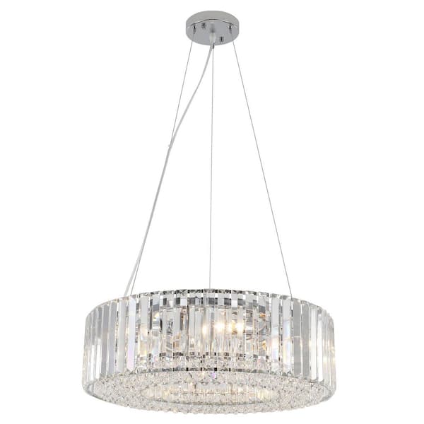 19. 69in. 6-Light Chrome Drum Chandelier with Crystal Shade and No Bulbs Included For Kitchen Island Dinning Room