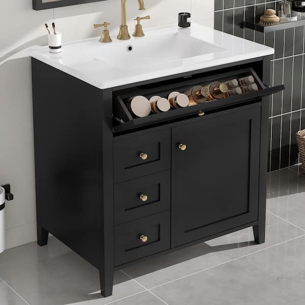 30 in. Freestanding Black Bath Vanity with White Ceramic Top 3 Drawers and Adjustable Shelf