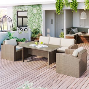 4-Piece Outdoor Wicker Conversation Set Dinning Sofa Set with Beige Cushions