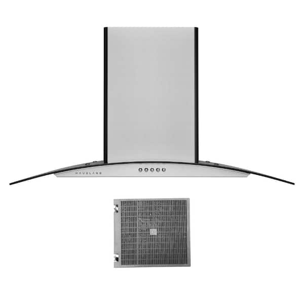 Hauslane | Chef Series Range Hood: 30 WM-739 Wall Mount Kitchen Fan |  Contemporary Stainless Steel T Style Hood with Black Glass Panel | 3 Speed