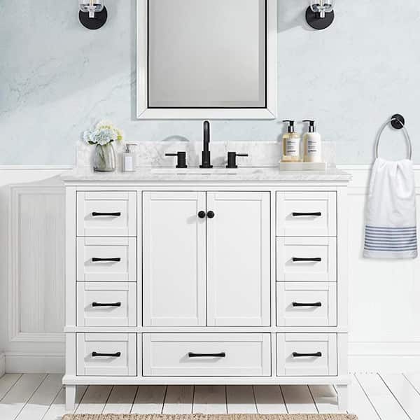 Merryfield 43 in. Single Sink White Bath Vanity with White Carrara Marble Top (Assembled)