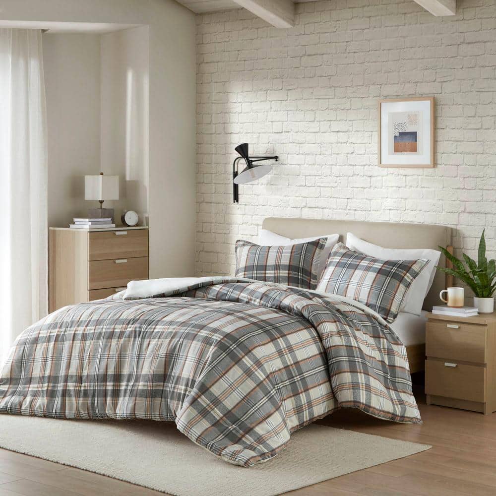 Tan and Gray Plaid Cotton Full/Queen Duvet Cover Set