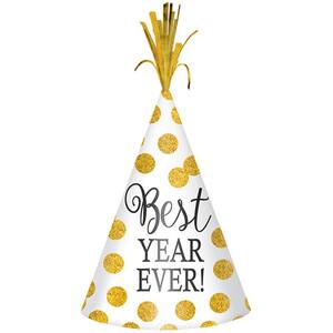 New Year's 9 in. White with Gold Dots Glitter Cone Hat (6-Pack)