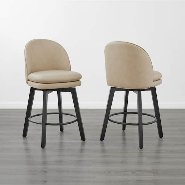 Cyprian 26 in. Beige Low Back Swivel Counter Height Bar Stool with Leather Seat and Wood Frame (Set of 2)