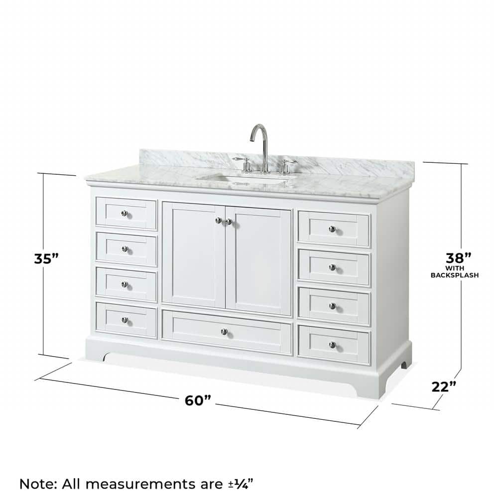 Deborah 60" White Bathroom Vanity with Carrara Marble Top
