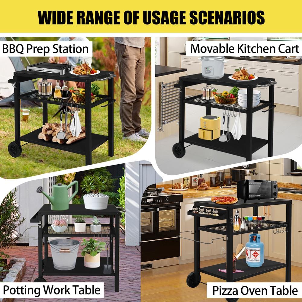 Black Iron 3-Shelf Outdoor Grill Cart with Wheels