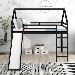 Full Size Loft Bed with Slide, House Bed with Slide - Espresso