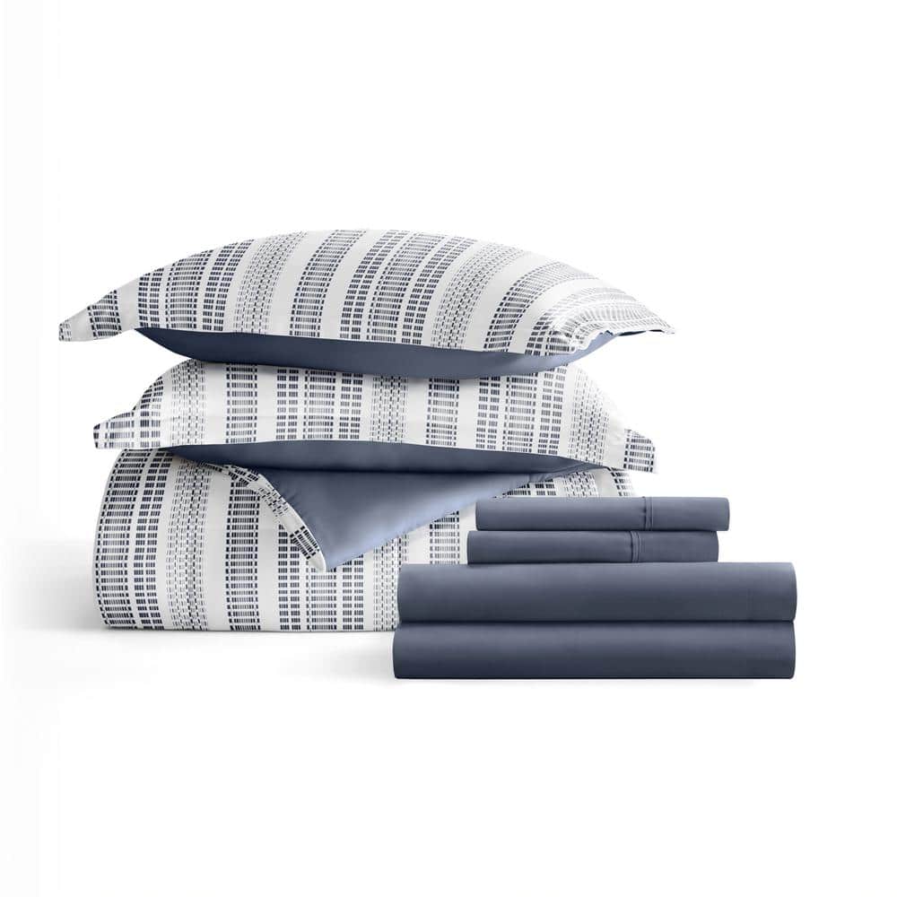 Twin Navy Striped Microfiber Down Alternative Bedding Set
