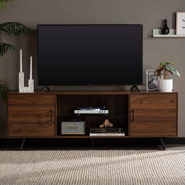 Walker Edison Furniture Company Contemporary Dark Walnut TV Stand Fits TVs up to 85 in. with Glass Shelf