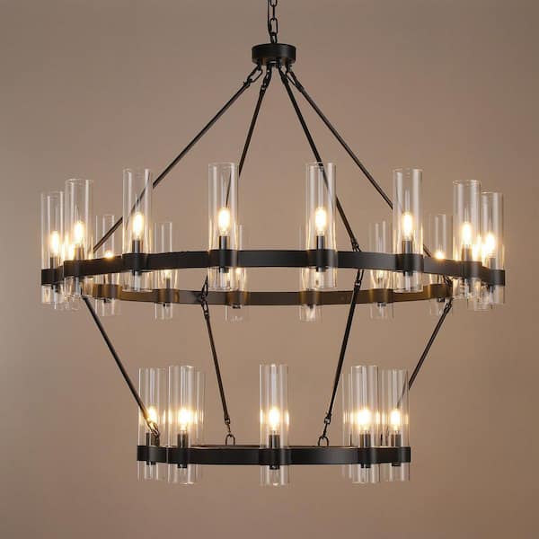 Farmhouse Chandelier 48 in. 24-Light Black Wagon Wheel Chandelier for Dinning Room, Foyer, Living Room, Staircase