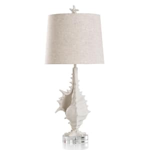 34 in. White Sand, Clear, Heathered Oatmeal Task and Reading Table Lamp for Living Room with Beige Linen Shade