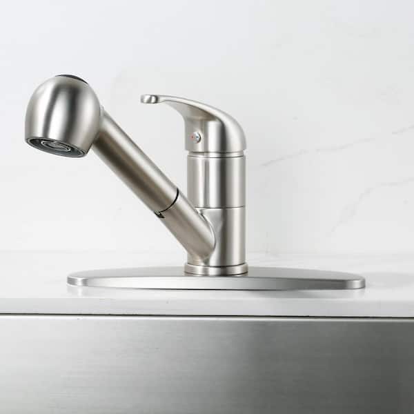 Single Handle Pull Out Sprayer Kitchen Faucet Deckplate Included with 360 degree swivel in Brushed Nickel