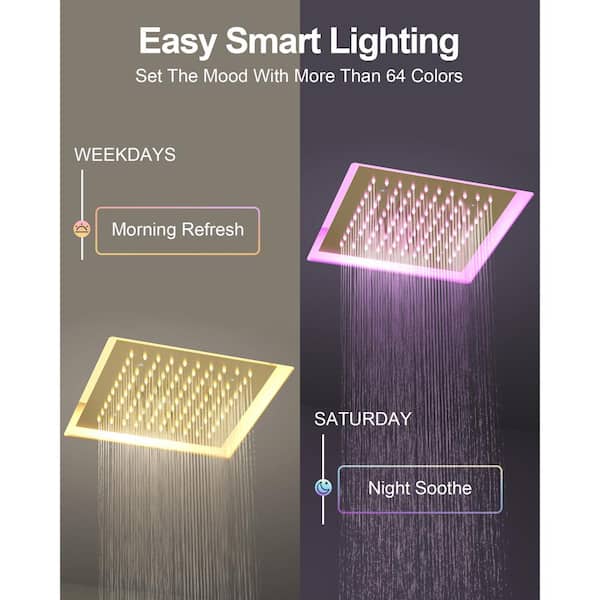 Full Spectrum LED 12 in. Triple Handle 5-Spray Ceiling Mount Shower Faucet 2.5 GPM with Body Spray in Brushed Gold