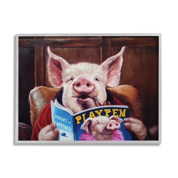 Stupell Industries Funny Pig Magazine Man Cave by Lucia Heffernan 1-Piece Gray Framed Animal Giclee Art Print 16 in. x 20 in.