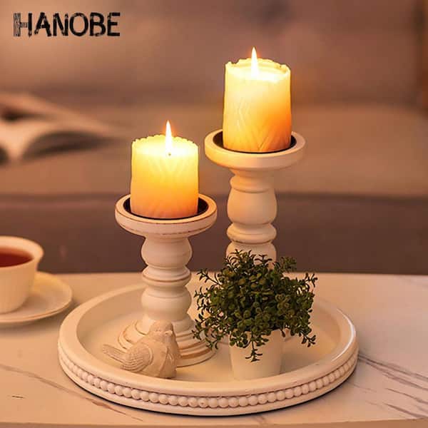 11.8 in White, Round, Decorative Serving Tray Wood, Washed Bead