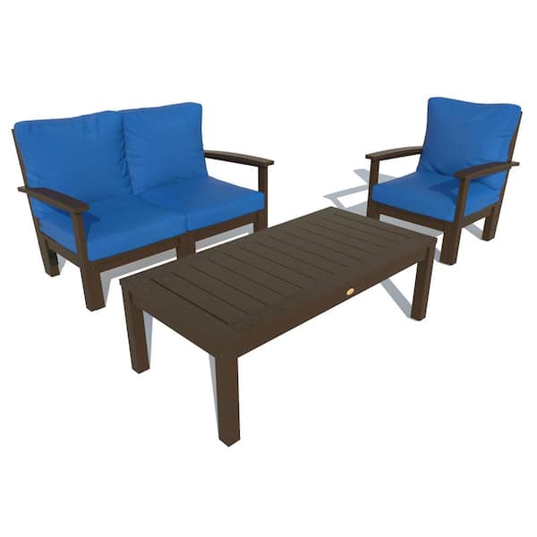 Highwood 3-Piece Plastic Outdoor Loveseat, Chair and Conversation Table Bespoke Deep Seating with Cushions