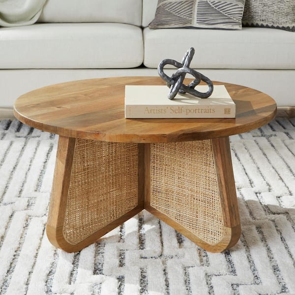 Home Decorators Collection Lisbon 34 in. Round Cane Rattan & Mango Wood Coffee Table