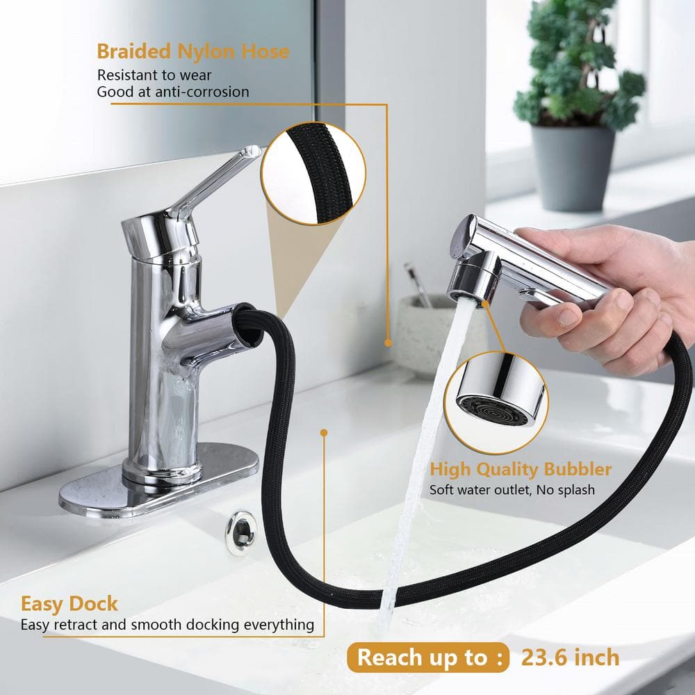 Polished Chrome Single Handle Bathroom Faucet with Deckplate and Drain Kit