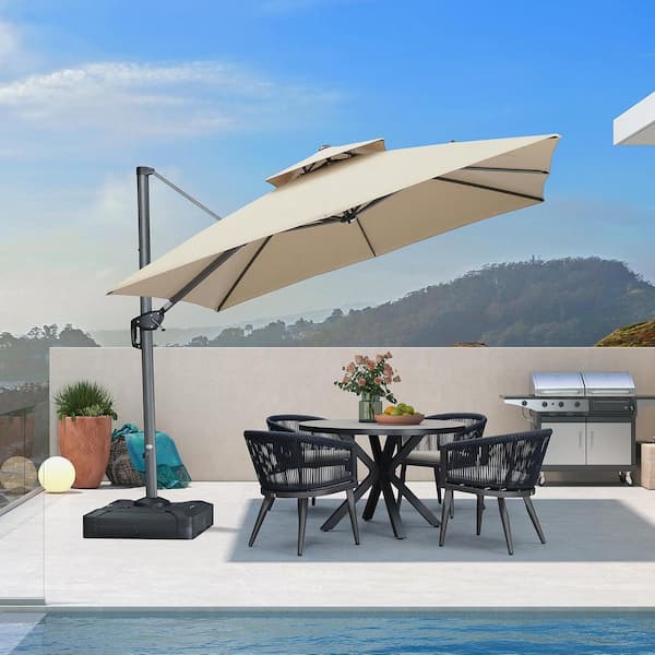 10 ft. Square Sunbrella Double Top Outdoor Aluminum 360° Rotation Cantilever Patio Umbrella in Beige