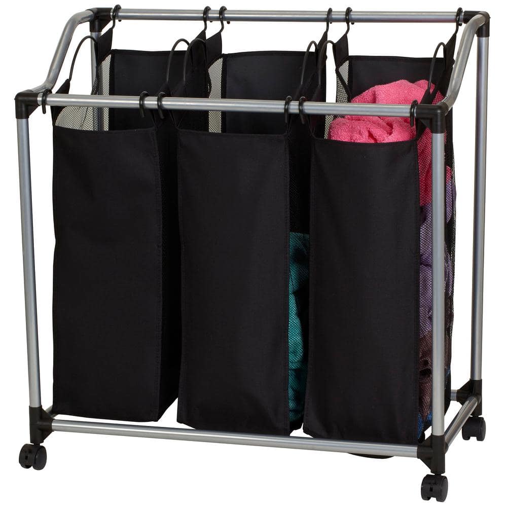 Black and Silver Triple Laundry Sorter with Wheels and Mesh Bags