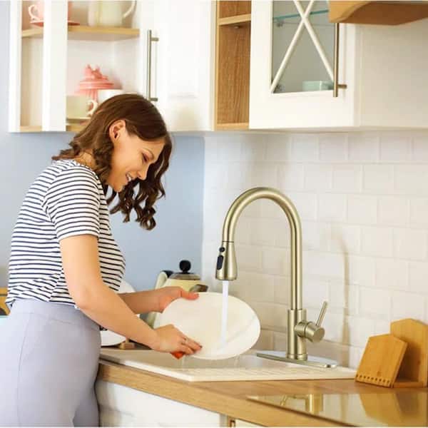 15.35 in. Single Handle Pull Down Sprayer Kitchen Faucet Commercial Kitchen Sink Faucets for RV, Laundry in Brushed Gold